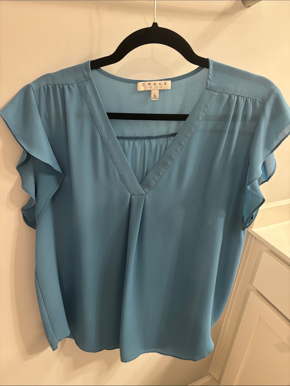 Chaus Light Blue V-Neck Flutter Sleeve Blouse